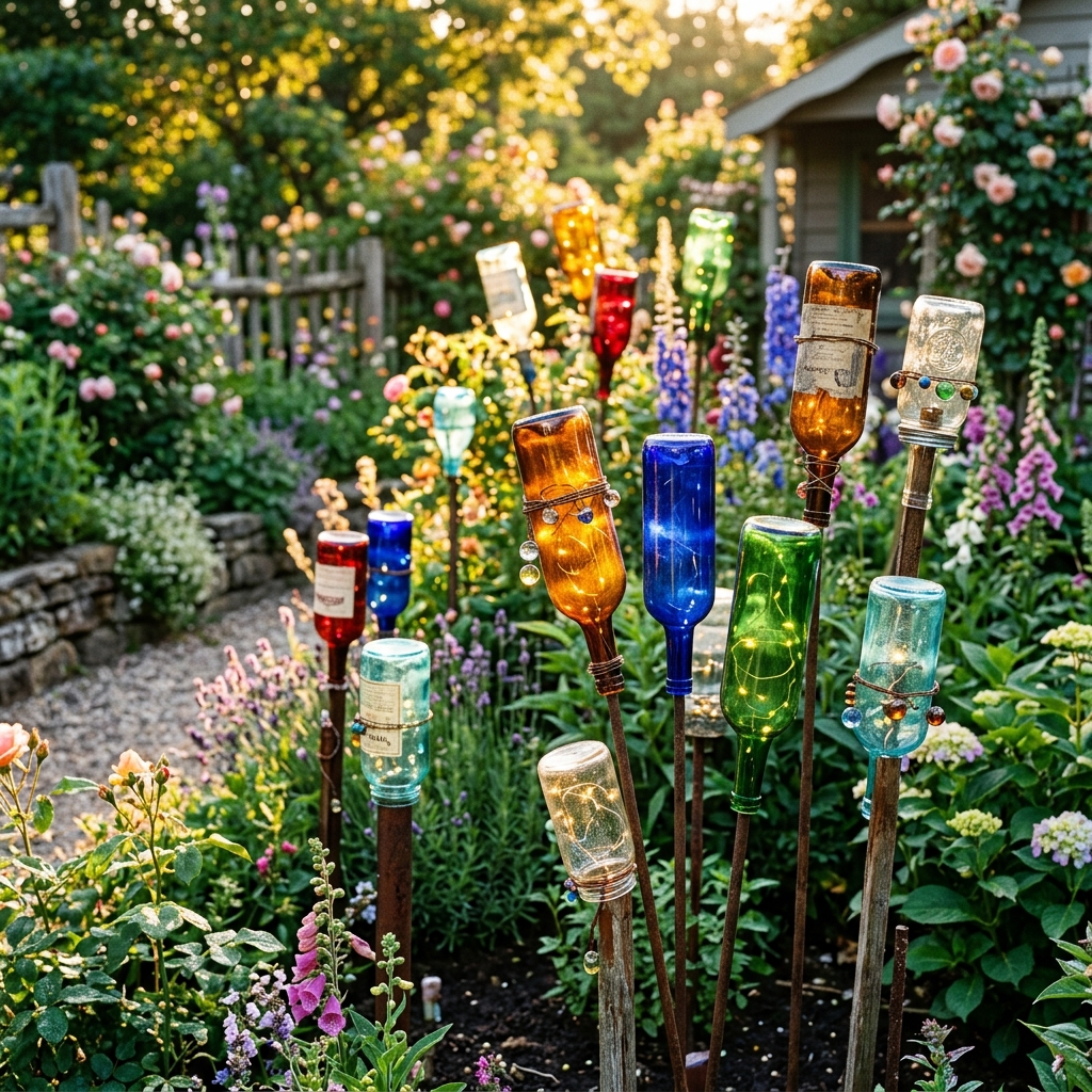 Bunte Glasflaschen als leuchtende Gartenstecker in der Sonne