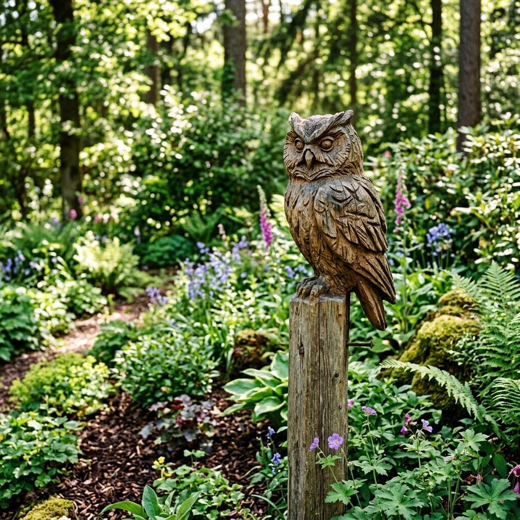 Wald-Eule Lärchenholz handgeschnitzt Gartenstecker